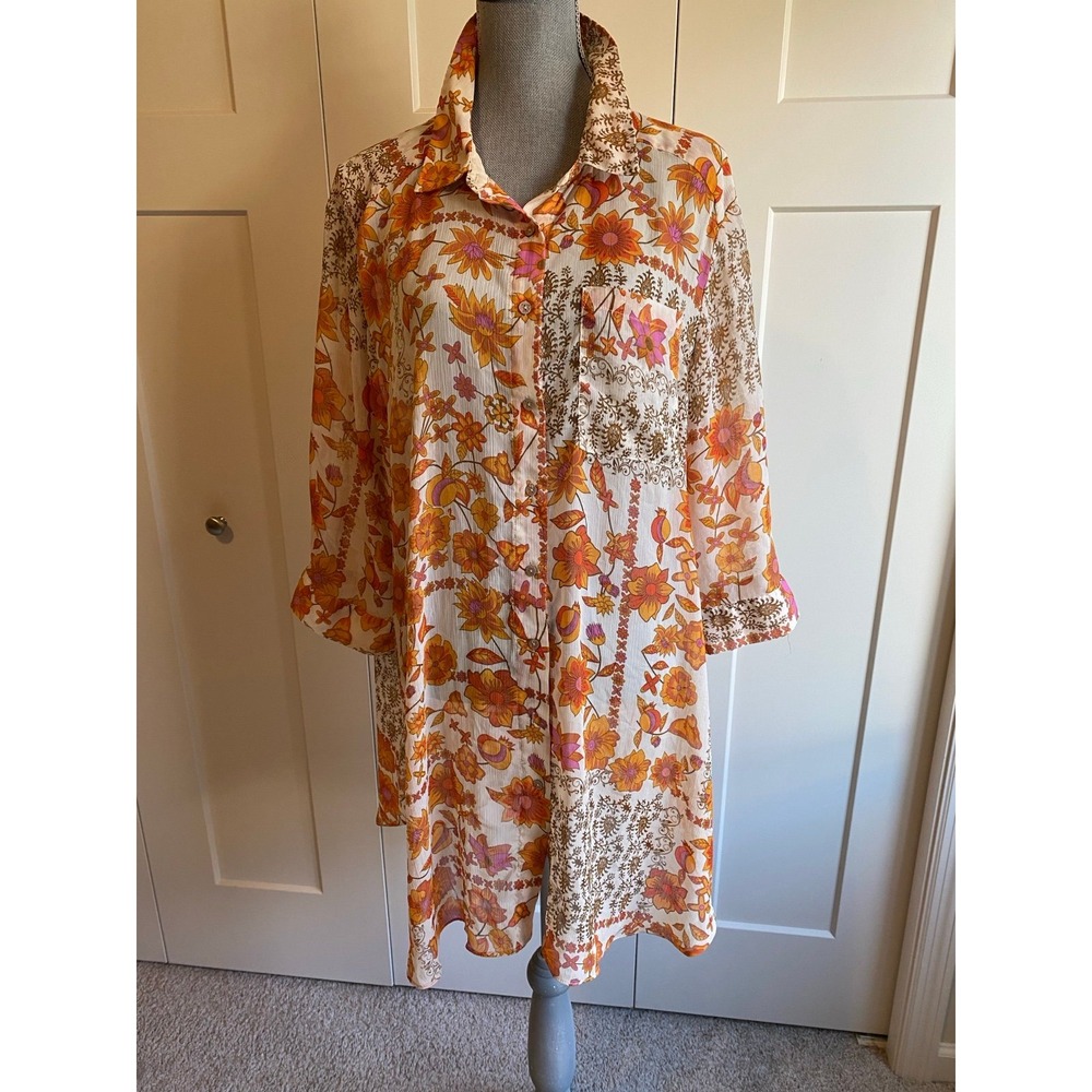 Rose & Olive Lagenlook Button Up Shirt Dress 3/4 Sleeve Sheer Fall Colors 2X s56